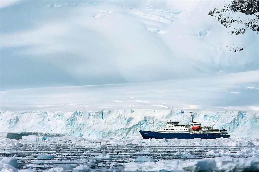 Le M/V Plancius, longeant un front glaciaire en Terre de Graham - Antarctique