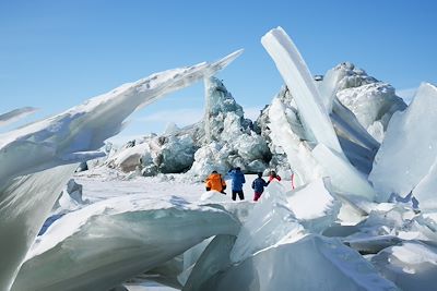 Calotte polaire en vue, traîneau sur la banquise